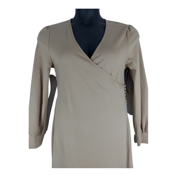 FAITH LOVE PASSION FLP Size Small Tan Vtg Look Wrap Dress Cloth Cover Buttons - Picture 6 of 15